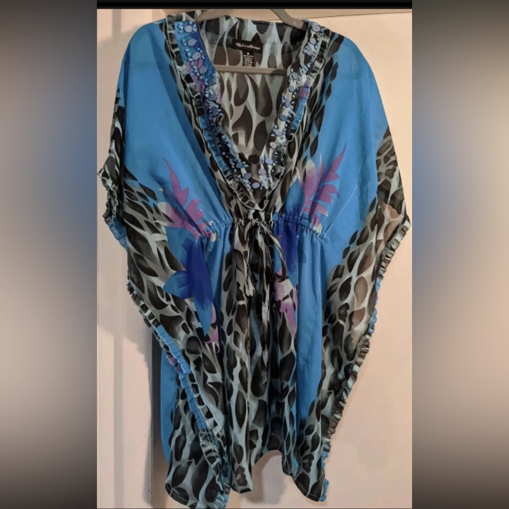 Swim suit cover up, Kaftan, Kimono, blue/black animal print. Perfect for Summer